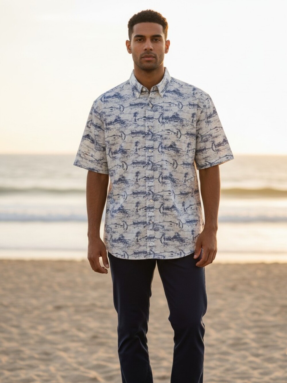 Nautica Classic Fit Blue Ocean Fish Short Sleeve Button Down Shirt- Size L
